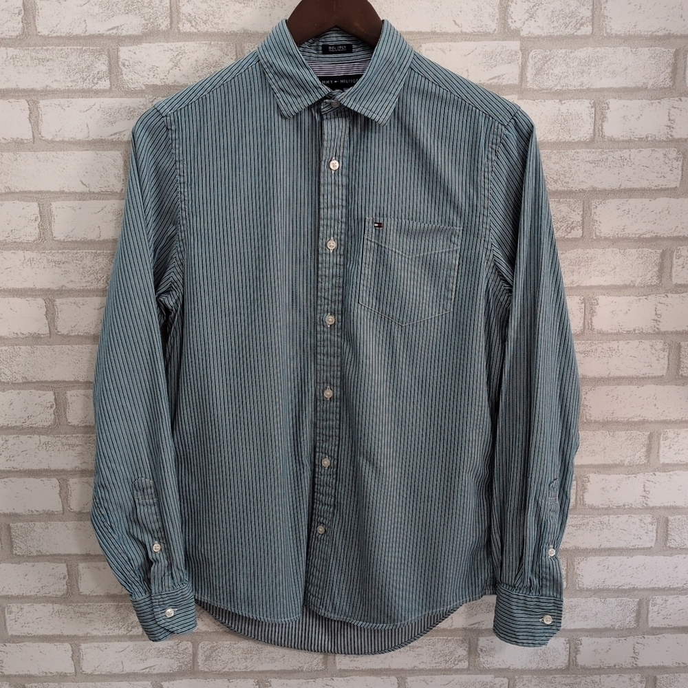 Y2K Tommy Hilfiger Shirt Men’s Blue White Stripe Casual 80s STYLE 2 Ply VTG